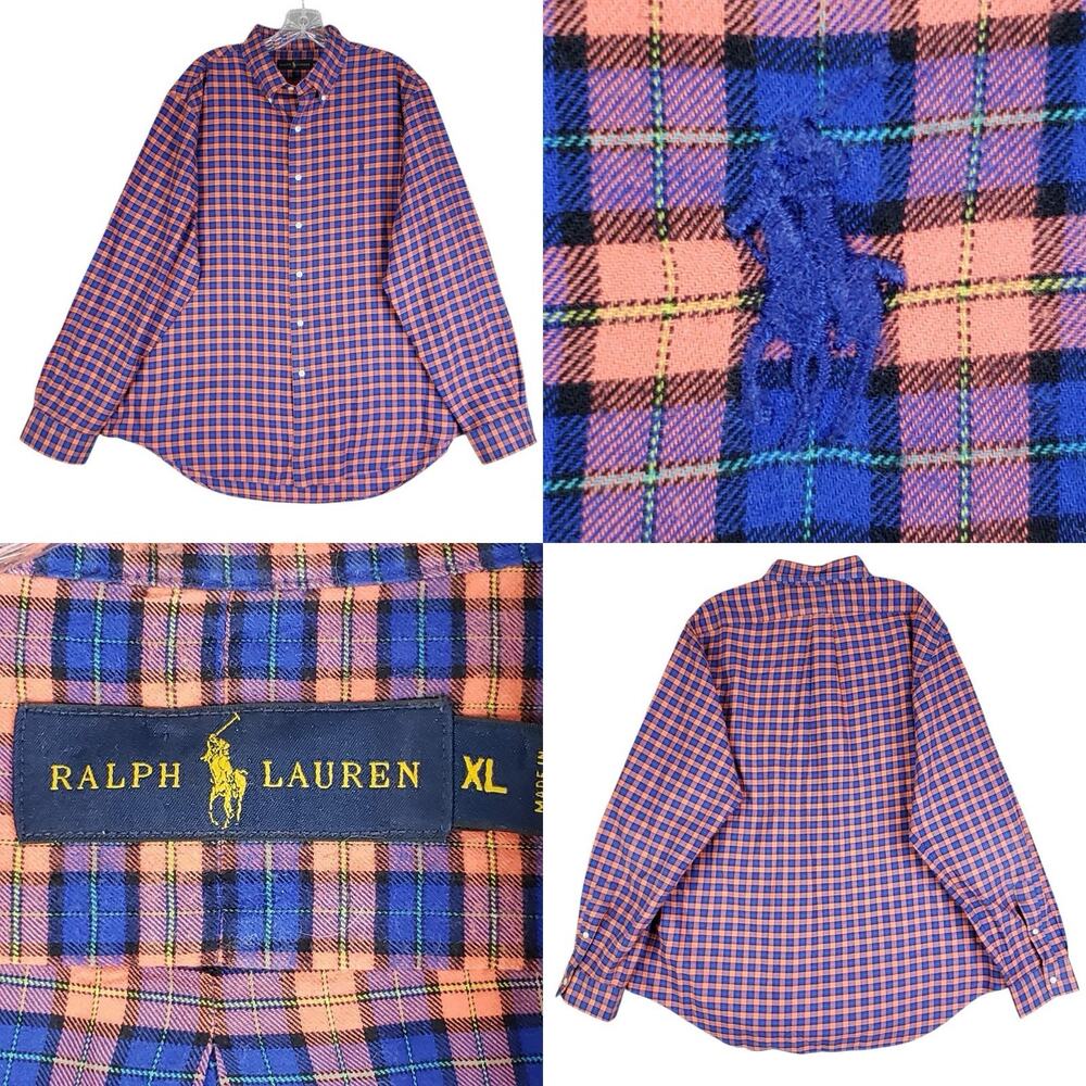 Polo Ralph Lauren Oxford Shirt Men’s Size XL Salmon Blue Plaid LS Button Down